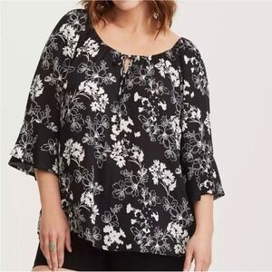 Torrid Floral Peasant Blouse Womens 0 Black White Boho Bell Sleeve Off Shoulder